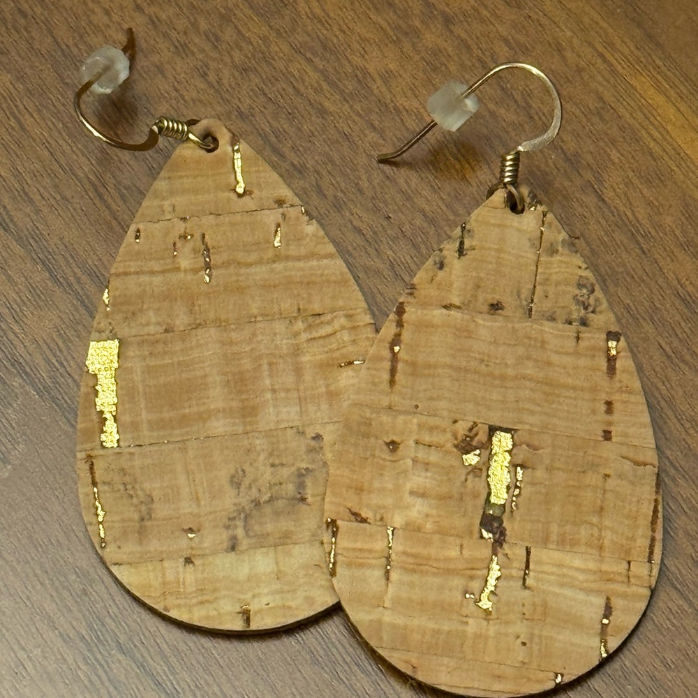 Gold Cork Leather Teardrop Earrings